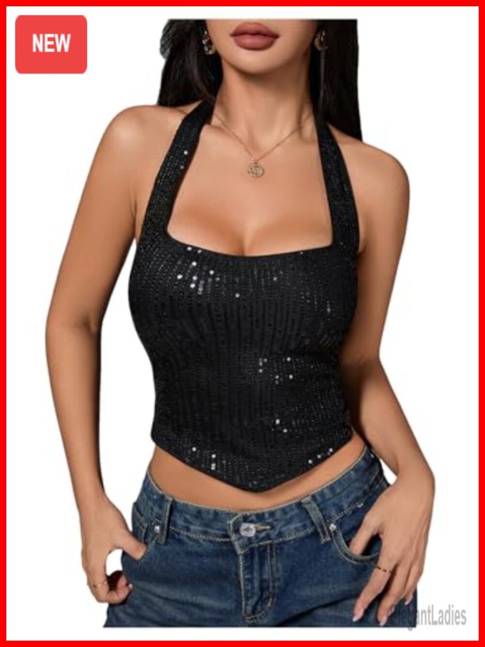 Sequin Sparkly Halter Crop Top Backless Party Tank Clubwear